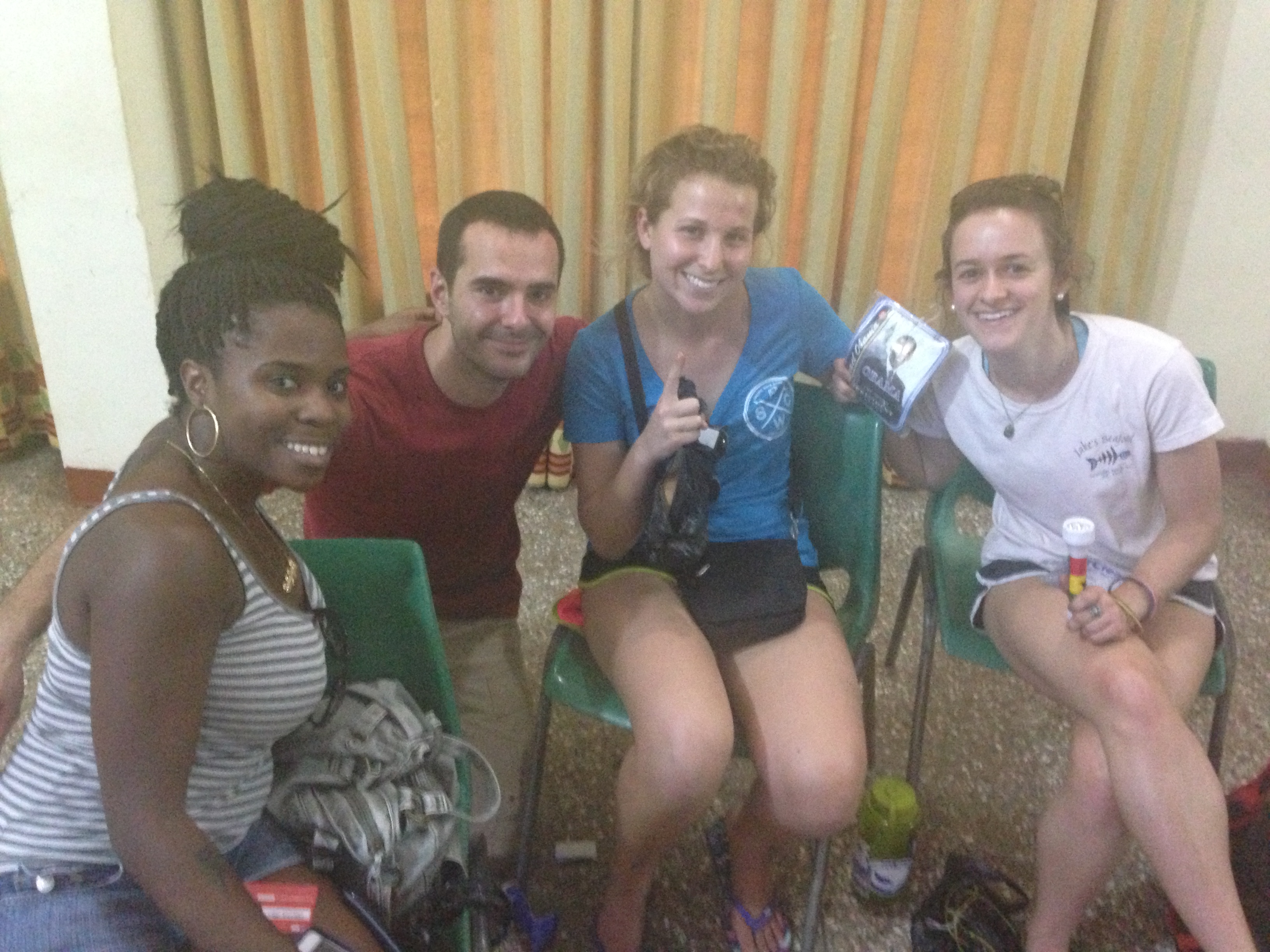 Thalia, Alex, Sara, Emily hanging out at the guest house after the scavenger hunt.